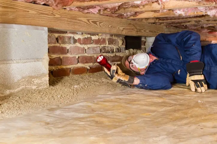 a man in the crawl space with a flashlight