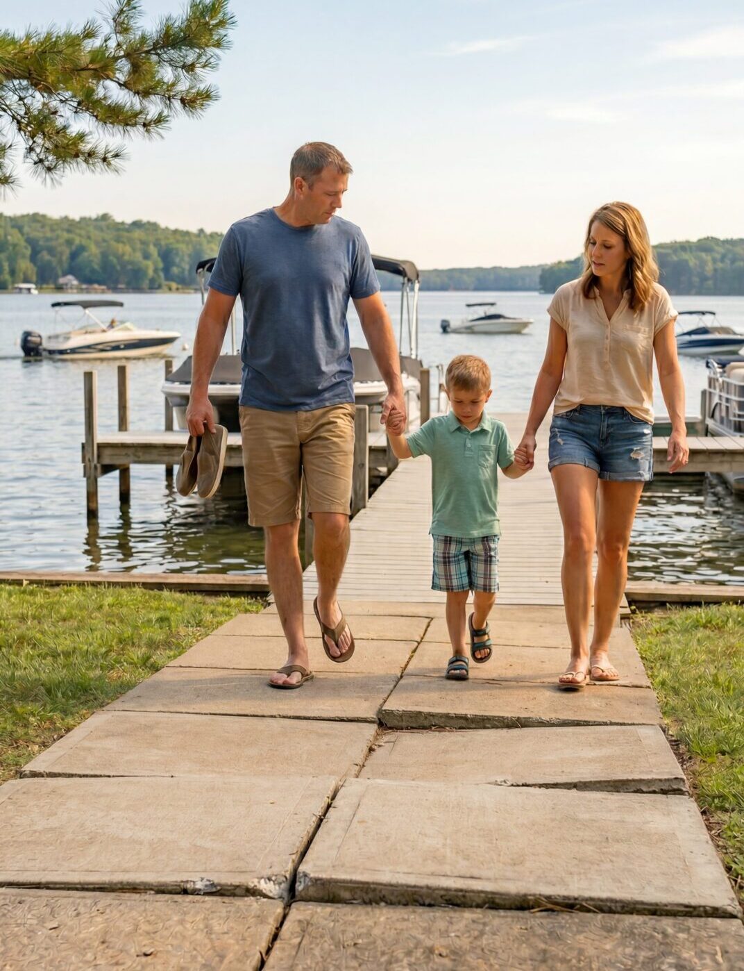 family walking on uneven sidewalk
